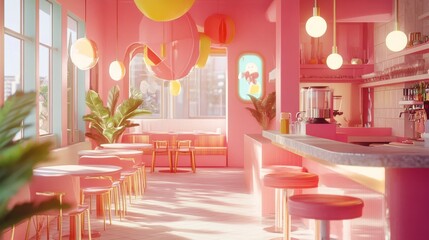 Kitschy pink cafe, generative AI design with quirky elements, retro furnishings, and bright light streaming through clear windows12dcf1dfda94