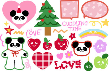 Cute illustration of happy panda, party hat, Christmas tree, apple, heart, rainbow, flower, star for festive decoration, cartoon character, comic, mascot, animal, zoo, souvenir shop, plush toy, doll