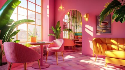 Kitschy pink cafe interior, designed by generative AI, featuring quirky furniture, vibrant colors, and sunlight from clear windows