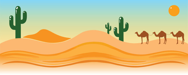 Fototapeta premium Desert background with Camels, Colorful Landscape illustration silhouette of camel in desert