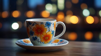 Obraz premium A close-up of a steaming cup of tea with an orange floral design, set against a blurred cityscape with colorful lights, creating a romantic and peaceful atmosphere perfect for relaxation.