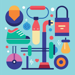 Colorful fitness sports and healthy lifestyle icons in a circle.