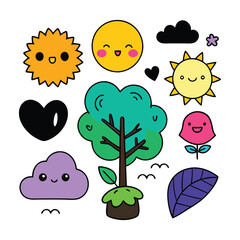 A collection of cartoon characters including sun clouds sun and sun