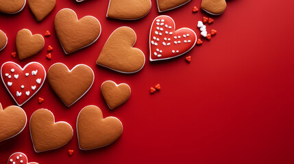 Fototapeta premium Gingerbread cookies on a red background for a festive mood for Valentine's Day, Christmas