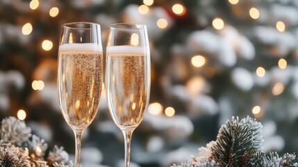 Two champagne glasses set against a festive bokeh backdrop. Happy New Year's Eve and Merry Christmas.