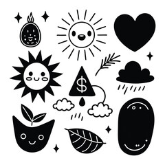 Silhouette and line art hand drawn cute weather kawaii doodle collection set