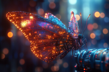 A 3D render of a butterfly with data-driven, holographic wings made of glowing digital lines and circuits, representing the fusion of technology and nature in a cyberpunk world