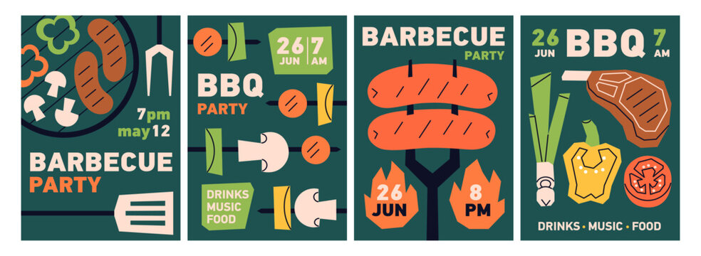 BBQ, grill party posters set. Barbecue festival, flyer templates with roasted meat, sausages and vegetables. Inviting card designs for barbeque, fire cookout, summer picnic. Flat vector illustration