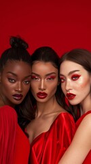 Obraz premium Three women in red dresses pose for a photo