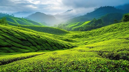 Obraz premium Lush Green Tea Fields Under Dramatic Sky