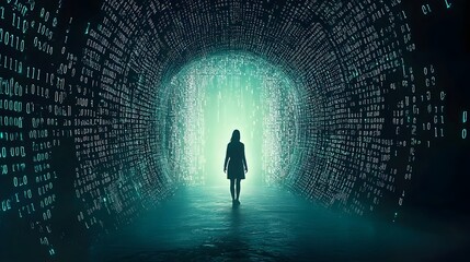 Memories Encoded in Binary Silhouette of a Human in Glowing Digital Realm