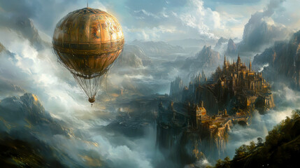Obraz premium A painting of a castle with a large hot air balloon flying over it. The sky is cloudy and the castle is surrounded by mountains. The mood of the painting is whimsical and adventurous