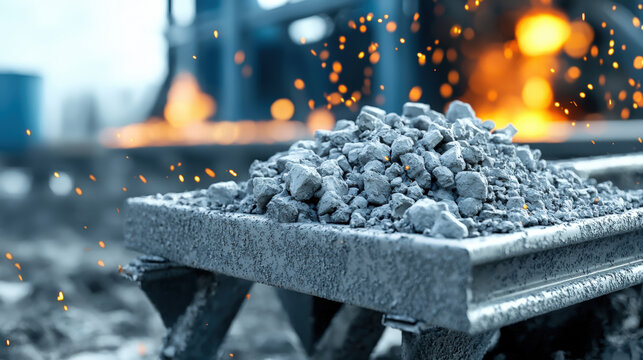 Industrial cement hardening process with rapid set materials, showcasing pile of gravel and sparks in dynamic environment. scene captures essence of construction and manufacturing