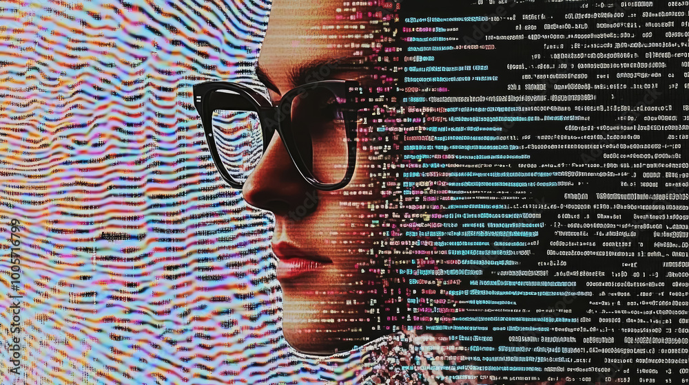 Wall mural young man with glasses programming on computer screen, lines of code, science, programmer, scientist