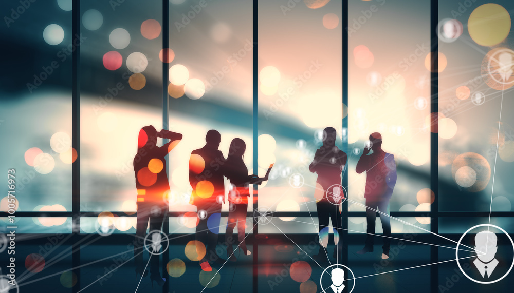 Poster backlit team working together in dark office interior with windows, forex chart and bokeh circles wa
