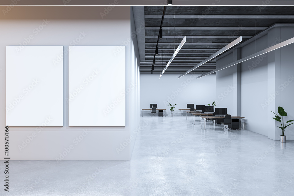 Poster modern coworking office interior with furniture and empty white mock up frames on wall. 3d rendering