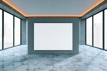 Modern interior with empty white mock up banner, panoramic windows, city view and daylight. 3D Rendering.