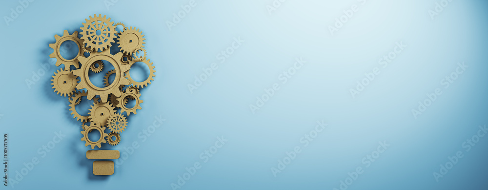 Poster creative gear light bulb on wide blue background with mock up place. idea, innovation and technology
