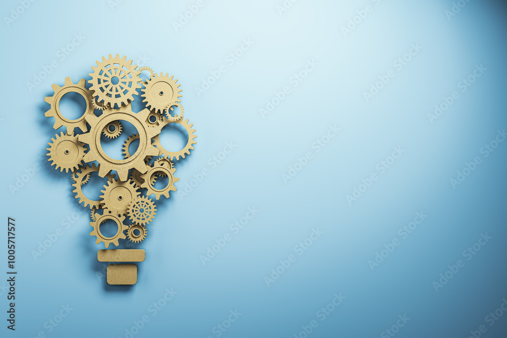 Wall mural creative gear light bulb on blue backdrop with mock up place. idea, innovation and technology concep