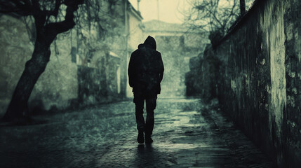 A man walks down a wet street in the rain. The image has a moody and somber feel to it, as the man is alone and the rain seems to be falling heavily