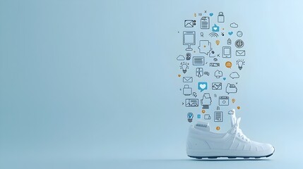Minimalist image depicting a footprint composed of various digital icons such as likes messages and web searches symbolizing the interconnectedness and digital footprint of online activities