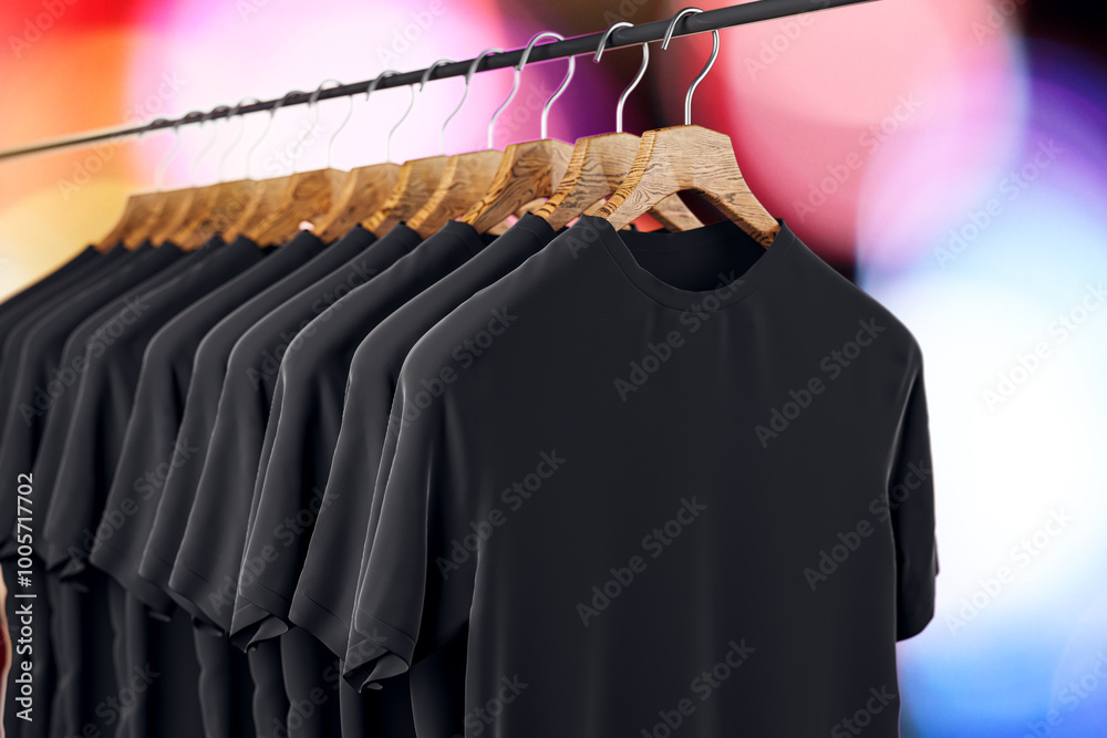 Poster row of clean black t-shirts hanging on rack on blurry light bokeh background. mock up place. fashion