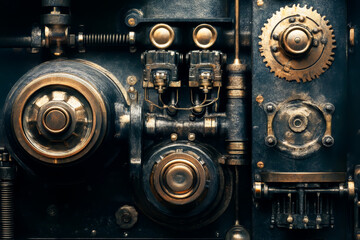 A close up of a machine with many gears and buttons. The machine is old and rusted