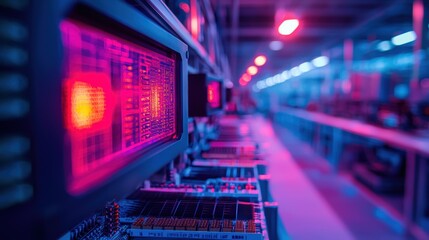 Fototapeta premium Futuristic tech equipment in illuminated industrial setting.