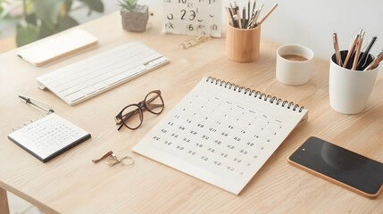 Mockup of a customizable calendar layout on a modern minimalist desk setup  The calendar features editable dates and event spaces for planning and organization