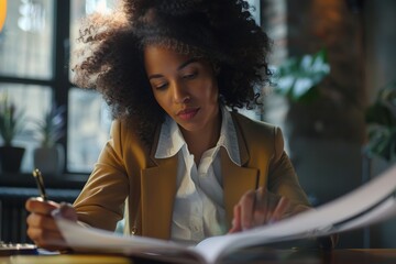 A political strategist in a campaign headquarters, highlighting key points in a playbook, their expression one of sharp focus and determination.
