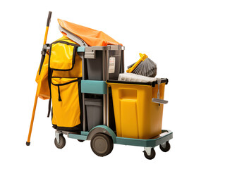 a cleaning cart with mop and buckets