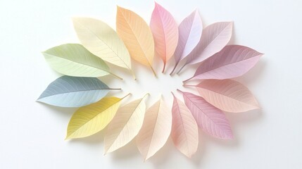 Fototapeta premium Radiant Spiral: Colorful Leaves Artfully Arranged on a White Background