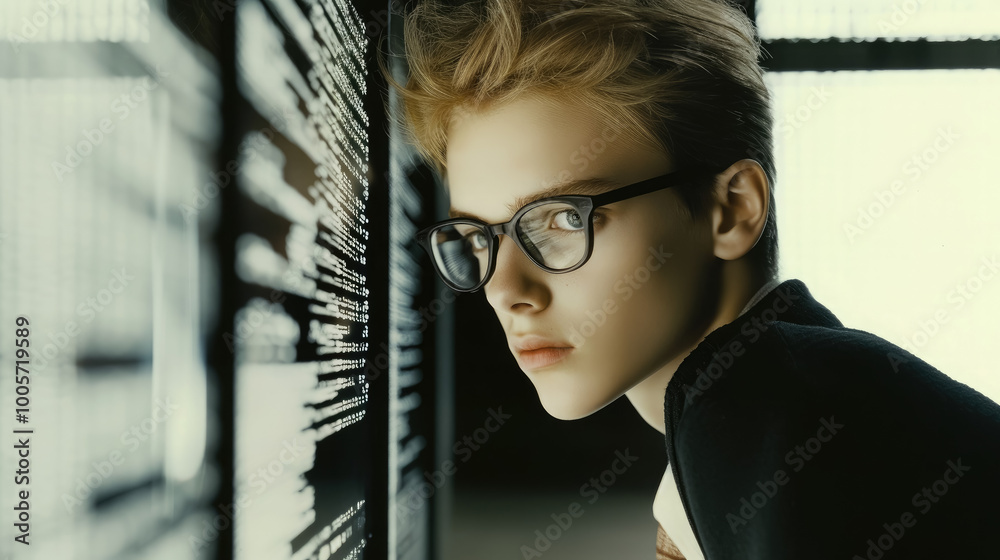 Wall mural young man with glasses programming on computer screen, lines of code, science, programmer, scientist