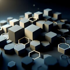 Obraz premium Abstract hexagon geometry background. 3d render of simple primitives with six angles in front. Dark lighting.