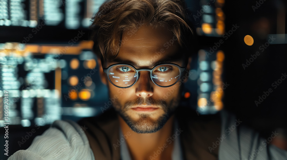 Wall mural young man with glasses programming on computer screen, lines of code, science, programmer, scientist
