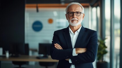 Obraz premium Confident older businessman with glasses and white hair poses with arms crossed in modern office setting.
