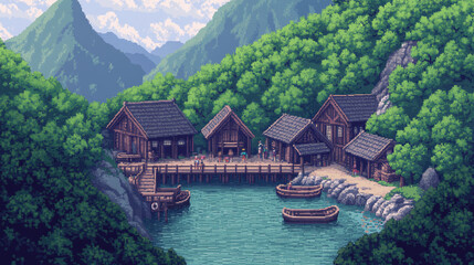 Fototapeta premium Serene Mountain Lake Village: Tranquil Waterfront Houses and Lush Greenery - Pixel Art
