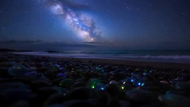 beach at night, where the glass pebbles reflect the moonlight and distant stars. The beach glows softly