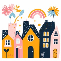 Colorful Hand-Drawn Fairy Tale Village Illustration
