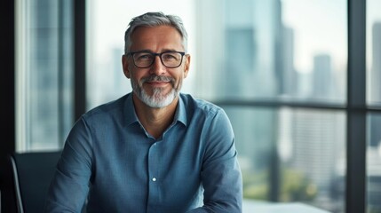 Fototapeta premium Confident elderly businessman smiling in modern office with city skyline through large glass windows in background.