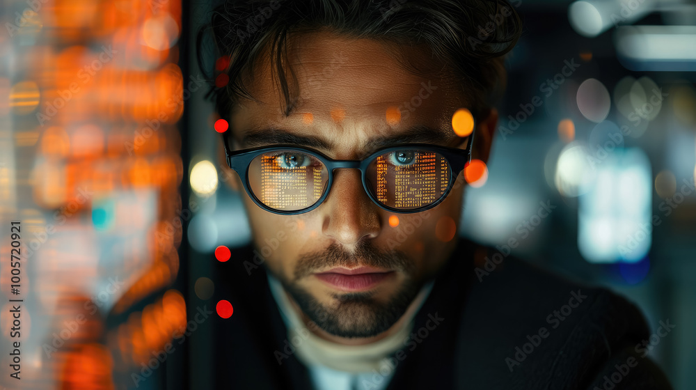 Wall mural young man with glasses programming on computer screen, lines of code, science, programmer, scientist