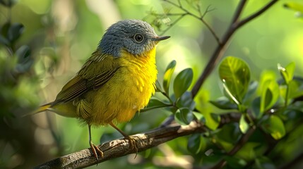 Yellow Bird Perched on Branch in Lush Green Foliage