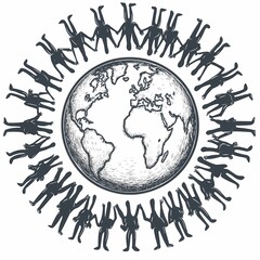 Hand-Drawn Icon of Earth Surrounded by People Holding Hands