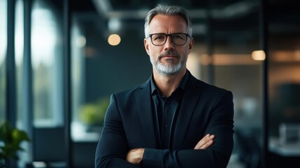 Fototapeta premium Confident businessman with glasses, wearing a suit, standing in a modern office setting. Professional and authoritative appearance.