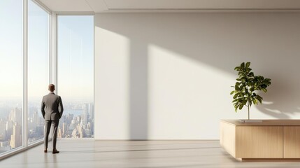 Businessman standing in modern office with city view through large windows, minimalist interior with natural light and houseplant.