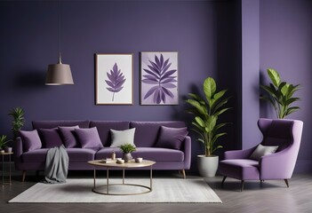 A modern living room with a purple color scheme. The room features a large gray sofa, a coffee table with a plant, and two framed wall art pieces.