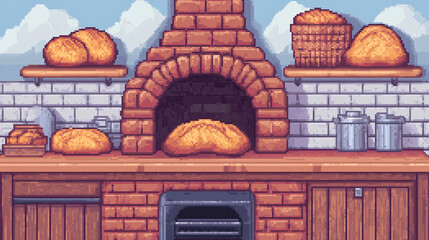 Freshly Baked Bread in a Rustic Bakery - Pixel Art