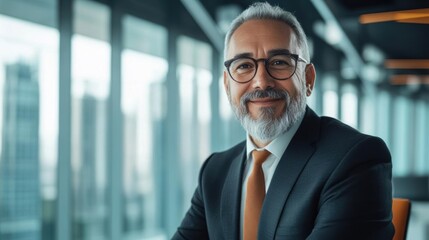Fototapeta premium Confident senior businessman in a modern office with cityscape background, wearing a suit and tie, smiling at the camera.