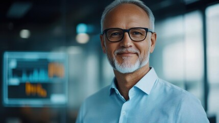 Fototapeta premium Confident senior businessman smiling in an office environment with charts and graphs in the background.
