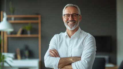 Fototapeta premium Confident senior professional with arms crossed, smiling in modern office setting, demonstrating leadership and success.